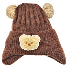 愛北鼻 寶寶小熊雙球護耳帽, 咖啡色, 不適用, 1個