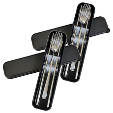 不鏽鋼餐具4件組 個人用餐具組 附餐盒, 筷子 + 湯勺 + 叉子 + 盒子, 黑色, 2組