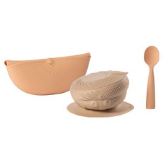 miniware 鉑金五感碗啟蒙禮盒, 五感矽膠碗 + 矽膠學習湯匙 + 矽膠圍兜, 杏仁奶油, 1盒