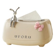 UFORU 兔子彈簧紙巾盒蝴蝶結款,粉色,可愛造型,桌面收納,居家裝飾, 21.5x15x13cm