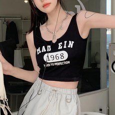 小V領螺紋字母印花帶胸墊背心 Set 2件，棉+聚酯纖維, 胸寬30 x 全長39cm, 黑色