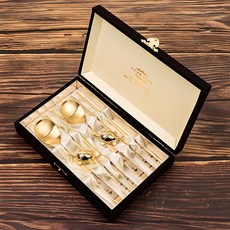 Willive 四君子黃金高級湯筷2人禮盒組, 2把湯匙+2雙筷子+2個金龜湯匙架+豪華盒+禮品包裝+購物袋, 1套, 金子