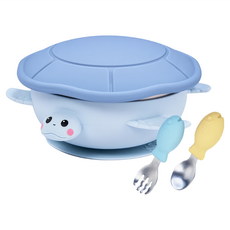 KOM 海洋歷險趣 不鏽鋼兒童矽膠學習餐具附飛魚叉匙組, 淡淡藍, 1組