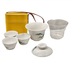 金亭山水 方形旅行包茶具套裝 (黃色) 陶瓷, 三杯 + 玻璃公杯 + 收纳包, 1組