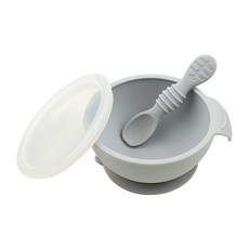 BUMKiNS 寶寶白金矽膠餐碗組, 100%白金矽膠, 3件組, 碗 + 湯匙, 灰色, 1組