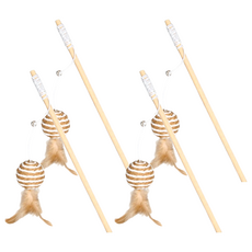 原木逗貓棒 含麻布 彈力繩 羽毛 鈴鐺 紙繩, 原木色, 4支