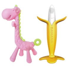 ANGE 牙刷固齒器 香蕉固齒器1入 + 長頸鹿固齒器 粉色1入 + 矽膠鍊夾(隨機出貨)2個 + 收納盒2個, 長頸鹿固齒器 + 香蕉固齒器 + 收納盒2個 + 矽膠鍊夾(隨機出貨)2個, 香蕉 + 長頸鹿, 1組