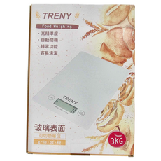 TRENY 玻璃廚房電子秤 最大秤重 3kg 高精準度 自動關機 歸零功能 容易清潔, 白, 不適用
