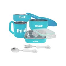 thinkbaby 不鏽鋼兒童餐具6件組, 碗 + 湯碗 + 便當盒 + 水杯 + 湯匙 + 叉子, 馬卡龍藍, 1組