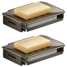 Couselect 太空鋁免打孔壁掛肥皂架 附清潔棉 槍灰色 浴室收納壁掛瀝水肥皂盒, 2個