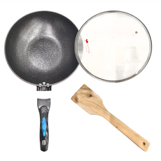 韓國麥飯石不沾炒鍋三件組，鍋底均勻導熱，兼容各種爐灶, 1.971kg, 1個