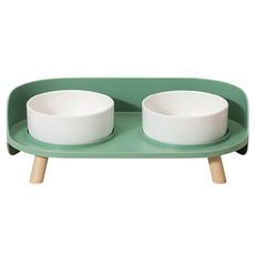 高腳半月寵物餐桌架 附白色食碗, 高腳設計呵護頸椎, 防漏邊緣保持清潔, 綠色, 1組
