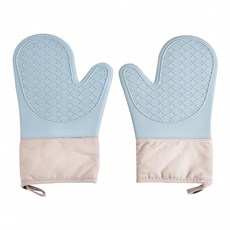 Homely Zakka 北歐高顏值加厚耐高溫防水矽膠雙層隔熱防燙手套，食品級矽膠纖維棉材質，30 CM X 19 CM X 15CM, 莫蘭迪藍 + 奶茶咖, 1雙