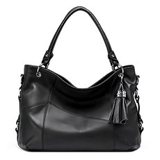 LIKEHOUSE 真皮頭層牛皮女款流蘇通勤手提包 大容量肩背包, 黑, 1個, 長38cm 高26cm 厚14cm 手提高17cm 肩帶總長123cm