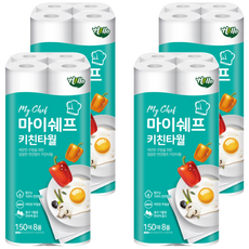 Hello Products My chef 捲筒式廚房紙巾 100%無螢光紙漿, 150張, 8捲, 4袋