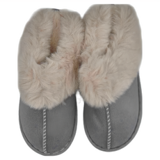 男女款麂皮絨兔毛口包頭保暖防滑室內拖鞋, 淺灰色, 36~37