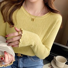 親膚感木耳邊長袖打底衫, 肩寬29cm 胸寬38cm 全長56cm 袖長50cm, 黃色