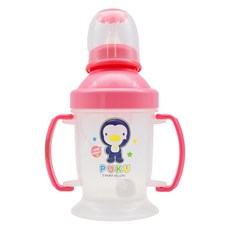 PUKU 藍色企鵝 奶嘴訓練吸管練習杯 180ml, 5個月以上寶寶適用, 無毒材質, 摺疊式握把設計, 粉色, 1個