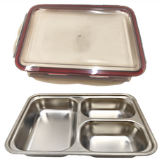 趣味分隔便當餐盒 可微波3格 25*18*5cm 1000ml 堅固卡扣 防漏矽膠圈 攜帶方便, 1個, 304不鏽鋼