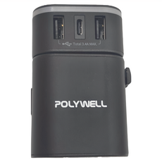 POLYWELL 寶利威爾 旅行充電器加多國轉接頭 雙Type-C + 雙USB-A PW15-T05-A053 黑色, 1個