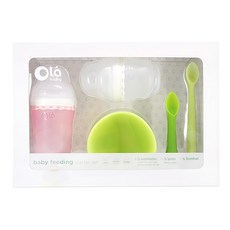 Olababy 小幼苗 新生哺育禮盒 5件組, 耐熱220°C, 矽膠湯匙, 奶嘴頭偏移側邊設計, 奶瓶240ml + 奶瓶120ml + 湯匙2支 + 碗, 玫瑰粉, 1組