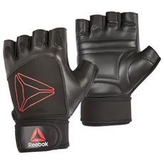 Reebok 短指皮革重訓手套 複合材質 高品質訓練 卓越皮革, M(17 x 10.5 x 4cm), 黑色 + 紅色, 1雙