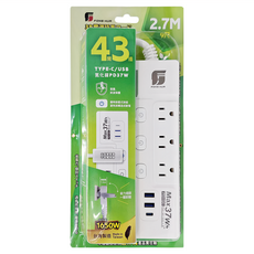 FONG HUA 崶華 按壓式4開3插氮化鎵PD37W延長用電源線組, 2.7M/9尺, 台灣製造, PT43PD-9, 1組