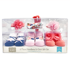 HUDSON BABY 彌月禮盒 女嬰兒髮帶 + 襪子6件組, 0~9M, 花漾珊瑚