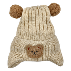 愛北鼻 兒童款寶寶小熊雙球護耳帽 - 米白色, 1個