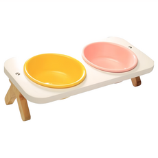 Catfeet 竹製高叉斜面雙碗組 天然實木製碗架 密胺材質 34.5x16x12cm, 紅色 + 黃色, 1組