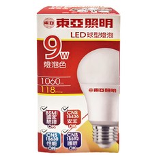 TOA 東亞照明 LLA60-9AAL 9W 3000K E27 全電壓 LED 球泡燈, 燈泡色, 1組
