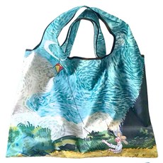 FIFIOO 超質感厚實環保摺疊購物袋 油畫款, 210D加密牛津布, 承重15-20KG, 58 x 40 x 26cm, 原野放風箏