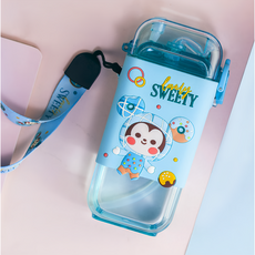 優貝選 迪士尼立體3D圖案矽膠包覆方形兒童用吸管水壺, 藍色甜甜圈米奇, 1個, 280ml