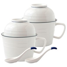 JUST HOME 里尼陶瓷附蓋多用碗 陶瓷湯匙 適用於微波爐、烤箱、洗碗機, 白色 + 藍色, 附蓋多用碗 2入 + 湯匙 2入, 1組