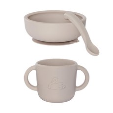 By Lille Vilde 矽膠餐具禮盒組 100%安全矽膠 德國LFGB認證 符合人體工學設計 適合小手抓握 可使用洗碗機, 碗 + 湯匙 + 雙耳杯, 奶茶色, 1組