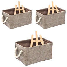 棉麻收納箱, 多用途空間收納, 可拆卸內格, 大號, 咖啡色, 3個