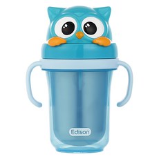 Edison Friends系列 雙層不銹鋼防漏吸管水杯 2代 300ml BPA Free, 1個, 藍色貓頭鷹款