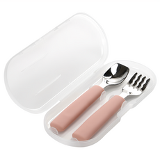 Dailylike Bonbon 幼兒矽膠方形餐具組, 湯匙*1+叉子*1+收納盒*1, 01 草莓粉, 1組