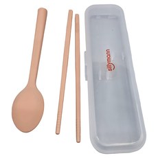 sillymann 湯匙 + 筷子 + 外盒 Set, 鉑金矽膠材質, 安全餐具, 奶油粉, 1組
