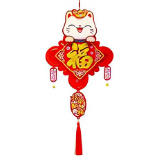 摩達客 春節開運招財貓掛飾 毛毛氈扇形金福許願袋流蘇鈴鐺吊飾 居家辦公室新年裝飾, 1入, 紅色 + 金色