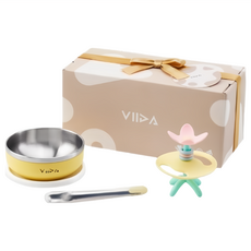 VIIDA 阿姆阿姆好食趣新生兒禮盒, 貝殼黃, 抗菌不鏽鋼餐碗 + 餵食湯匙 + 魔法森林固齒器, 1盒