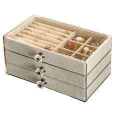 透明絨布 抽屜飾品首飾珠寶收納盒 3層, 1個, 米色