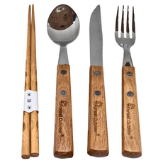 Forest Outdoor 群森戶外 櫸家餐具組 4人, 混色, 筷子4雙 + 湯匙4支 +餐叉4支 + 餐刀1支 + 特斯林透氣收納網袋1個, 1組