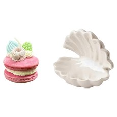 韓式手作馬卡龍香氛精油蠟燭 附陶瓷白貝殼款燭盤 4.3 x 4cm 款式隨機, 1組, 474g, 琥珀薰衣草