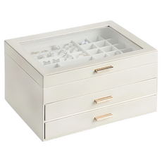 可視開窗皮革三層收納盒 白色 23*20*1, 1組