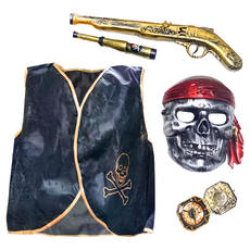 摩達客 COSPLAY派對裝扮 兒童小海盜骷髏面具五件組 Set, 面具 + 背心 + 望遠鏡 + 復古槍 + 羅盤, 1組
