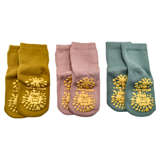 Bebehome 兒童毛圈防滑地板襪 加厚款防滑三件組 精梳棉, 黃色 + 綠色 + 粉色, M(12~14cm)