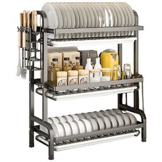 碗碟瀝水架, 加厚碳鋼材質, 滴水不漏, 刀具砧板收納, 3層, 黑色, 1個