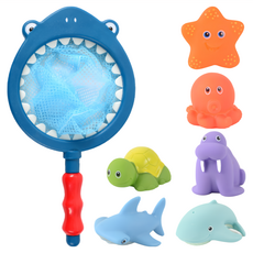 OhBabyLaugh 洗澡玩具 感溫變色撈魚組, 內含六隻漂浮小動物 (可遇熱變色, 按壓發聲和噴水), 深藍色, 1組