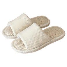 沐慕家居 華夫格透氣室內拖鞋，棉麻材質, 奶白, 36-37